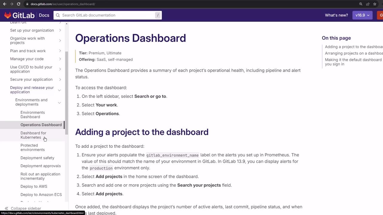 The image shows a GitLab documentation page about the Operations Dashboard, detailing how to access and add projects to it. The sidebar includes navigation links for various GitLab features.