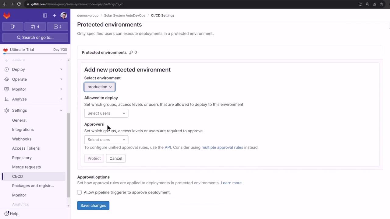The image shows a GitLab interface for setting up protected environments in CI/CD settings, where users can select environments, specify deployment permissions, and set approvers.
