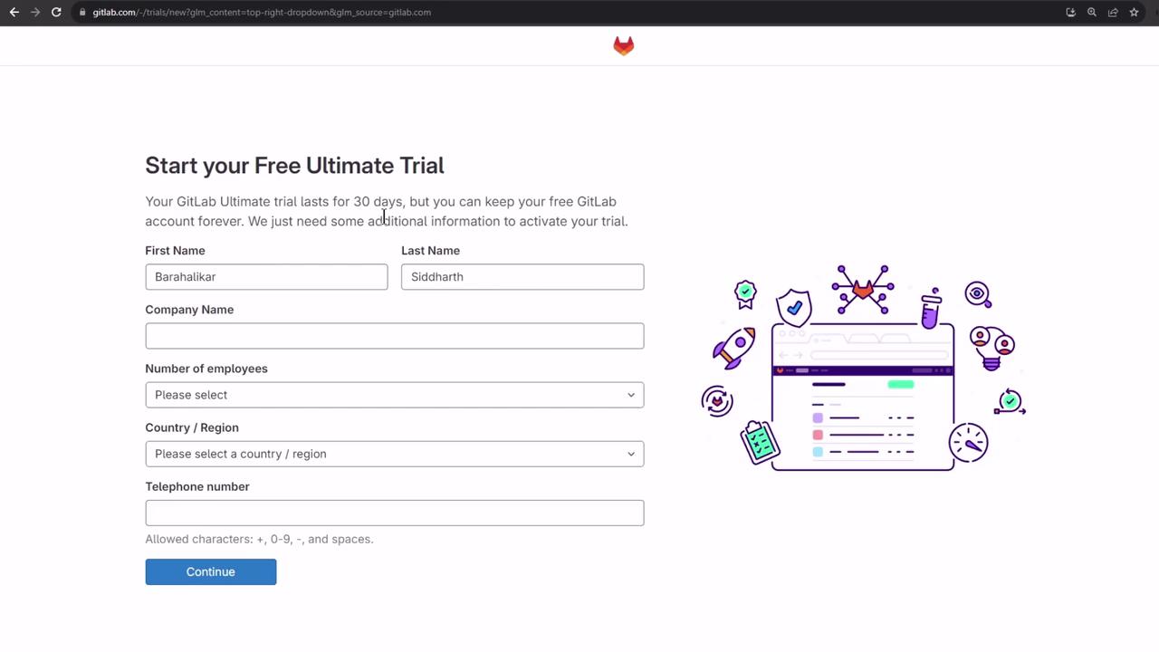 The image shows a GitLab sign-up page for a free 30-day trial, with fields for personal and company information. There is also an illustration of a web interface surrounded by various icons.