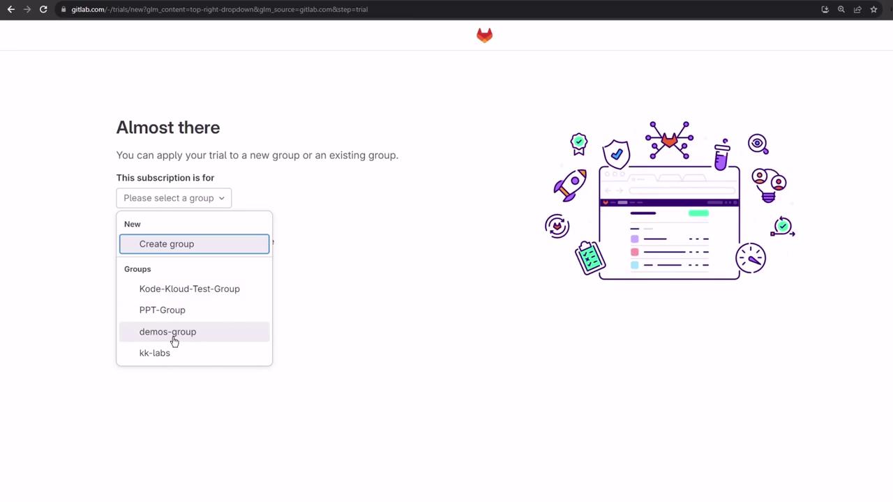 The image shows a GitLab webpage where a user can apply a trial to a new or existing group, with a dropdown menu listing group options. On the right, there's an illustration of a web interface surrounded by icons like a rocket, lightbulbs, and a clock.