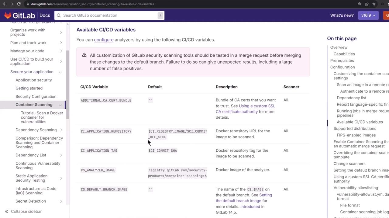 The image shows a GitLab documentation page detailing available CI/CD variables for container scanning, including variable names, defaults, descriptions, and associated scanners.