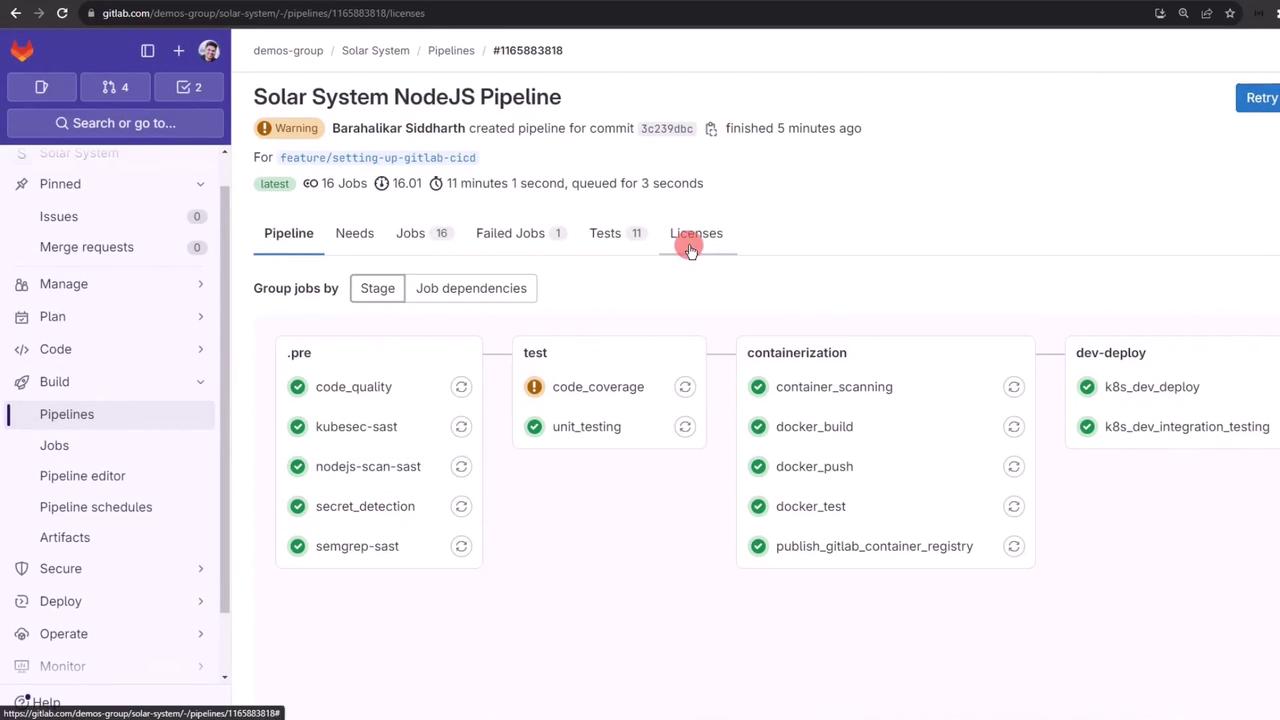 The image shows a GitLab CI/CD pipeline interface for a NodeJS project, displaying various stages and jobs such as code quality checks, testing, containerization, and deployment. Each job has a status indicator, with some marked as successful and others needing attention.