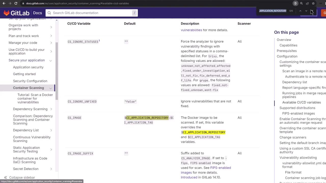 The image shows a GitLab documentation page about container scanning, detailing CI/CD variables and their descriptions. The sidebar on the left lists various security and scanning options.