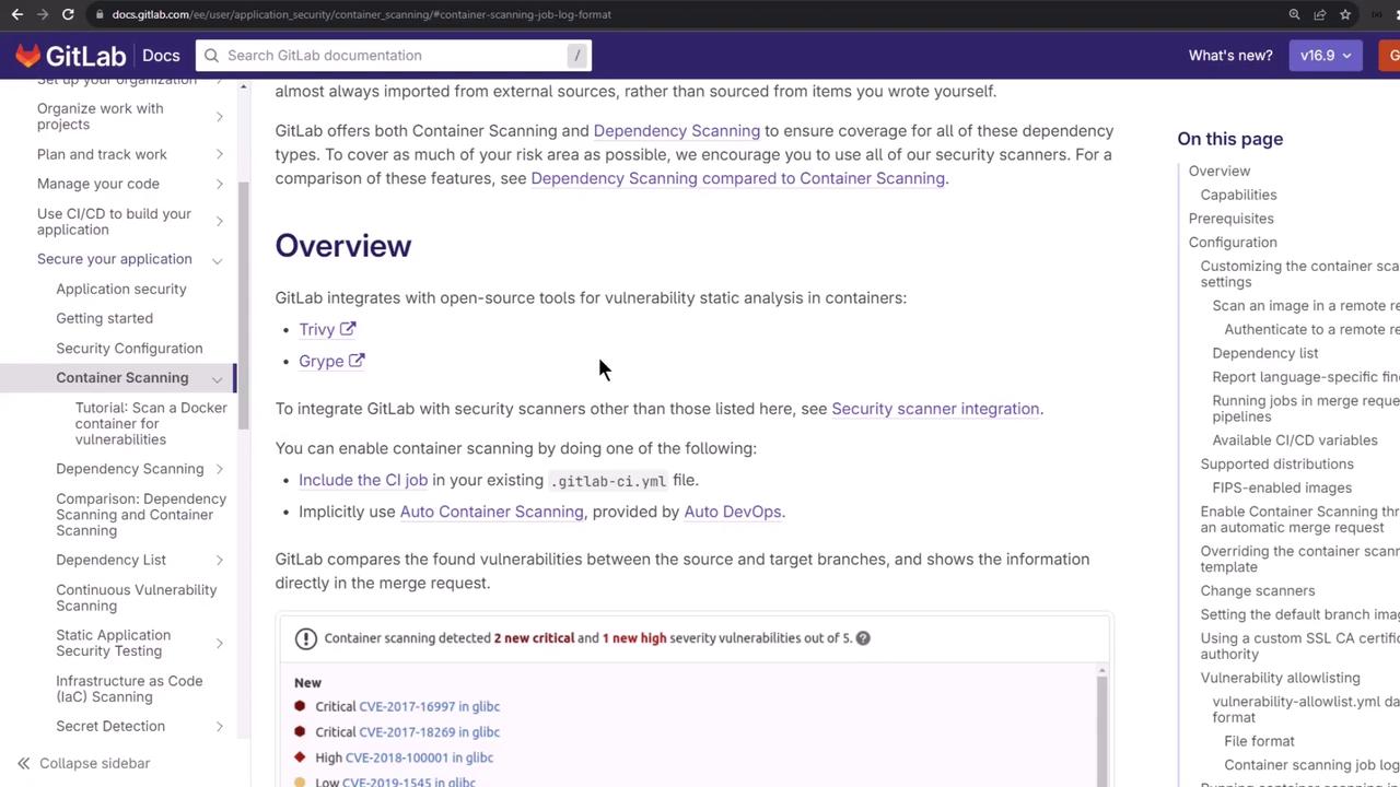 The image shows a GitLab documentation page about container scanning, detailing integration with open-source tools for vulnerability analysis. It includes navigation links on the left and an overview section in the main content area.