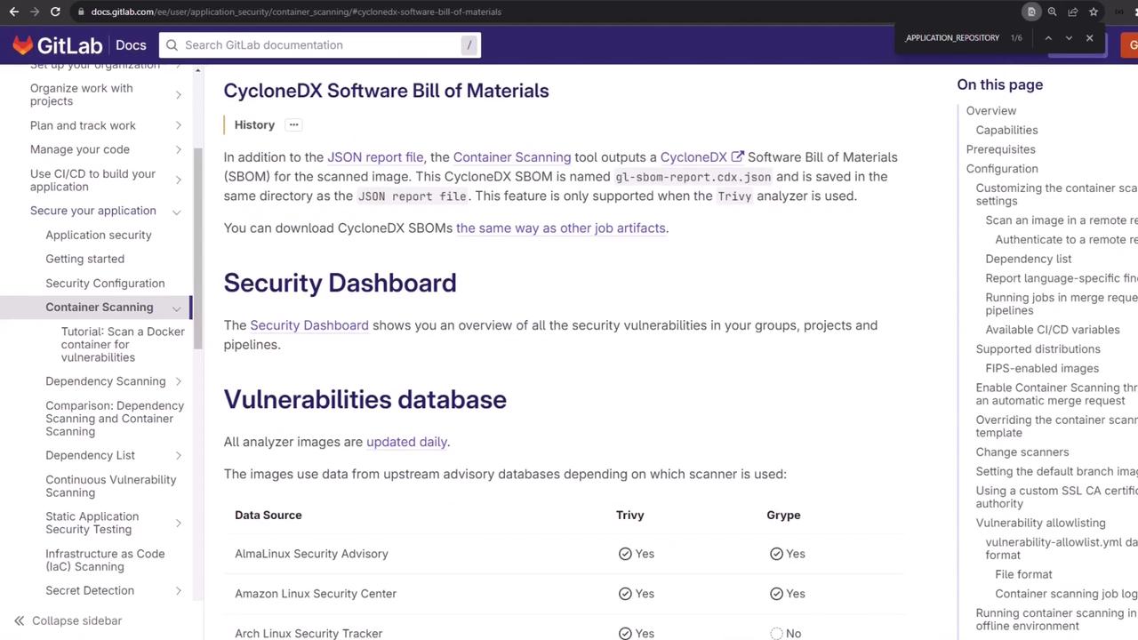 The image shows a GitLab documentation page about CycloneDX Software Bill of Materials and container scanning, including sections on the security dashboard and vulnerabilities database.