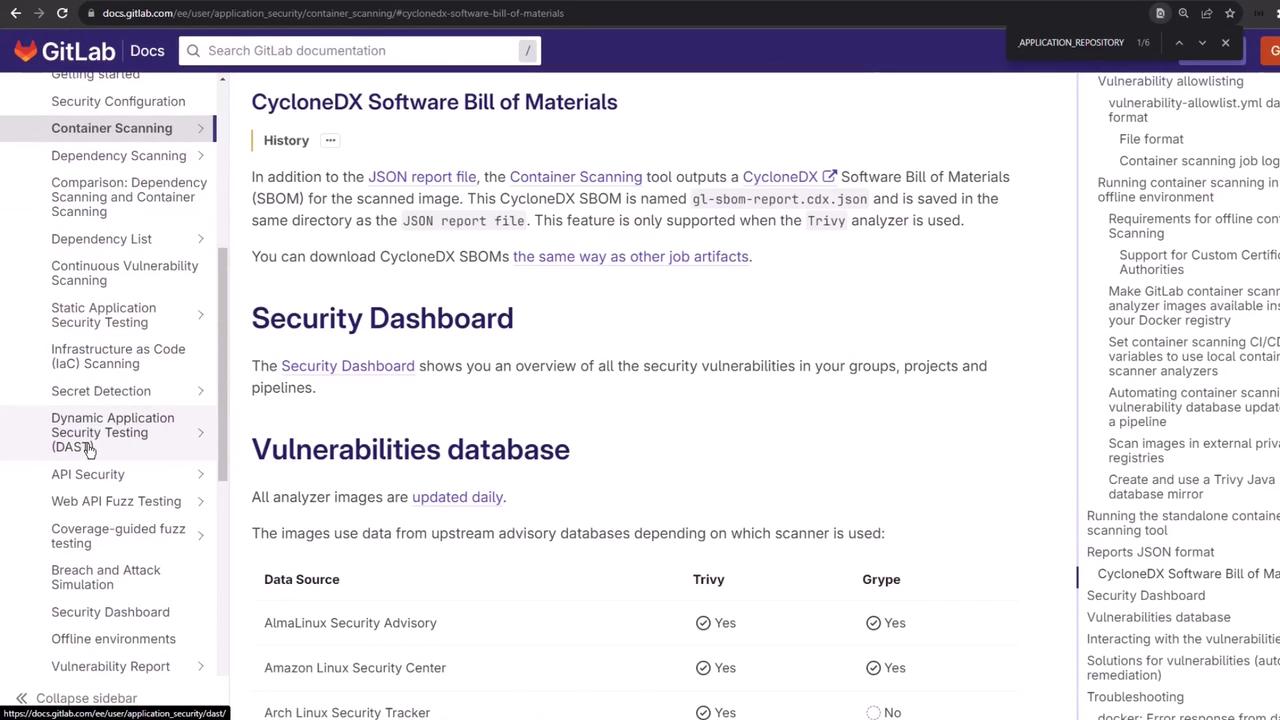 The image shows a GitLab documentation page about CycloneDX Software Bill of Materials, security dashboards, and vulnerabilities databases. It includes a sidebar with navigation options related to security and scanning features.