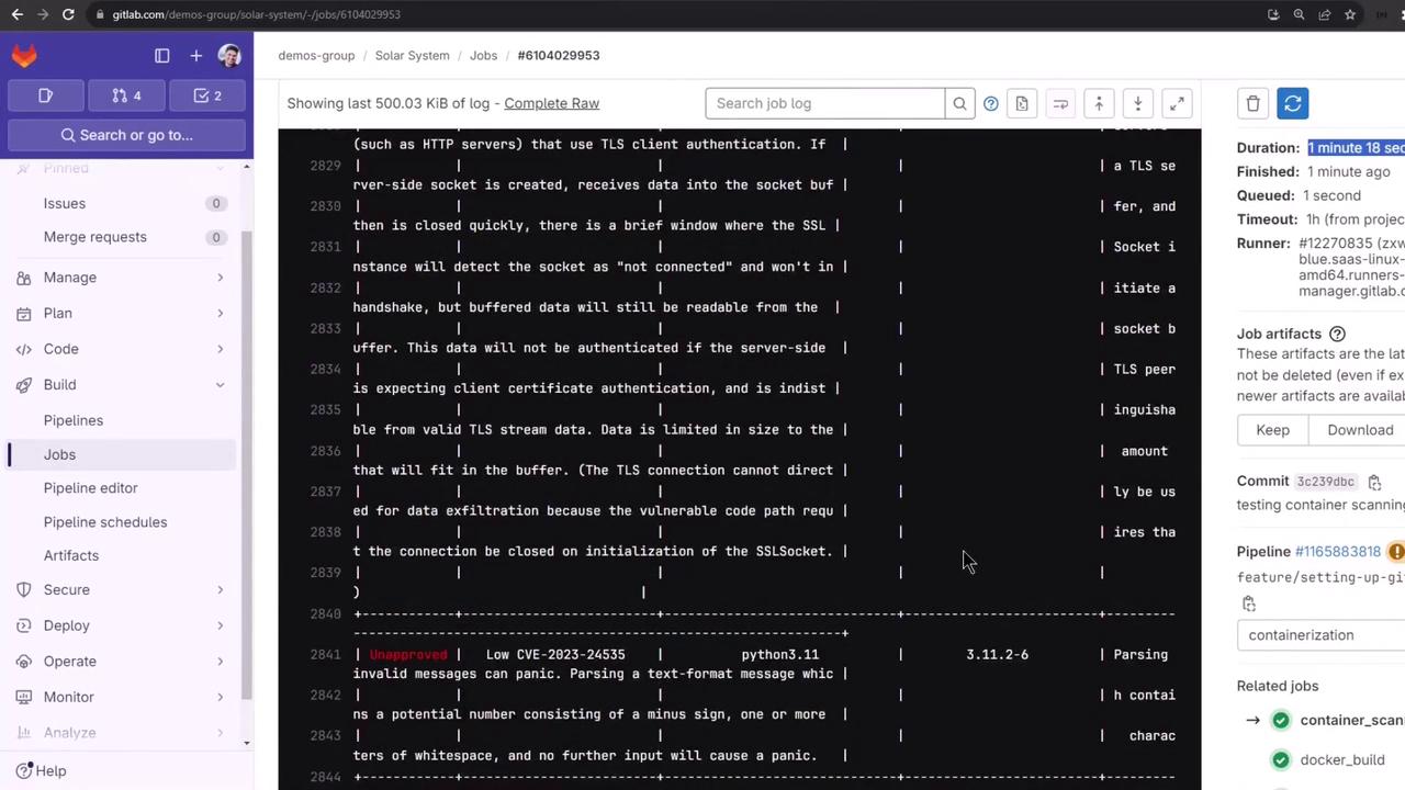 The image shows a GitLab interface displaying a job log with details about a pipeline run, including a highlighted security warning related to a CVE vulnerability.