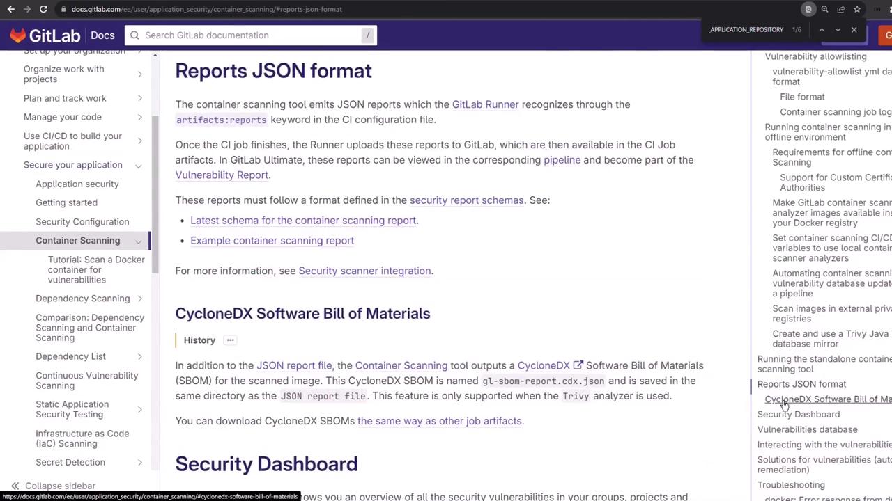 The image shows a GitLab documentation page about JSON report formats and CycloneDX Software Bill of Materials related to container scanning. It includes navigation links and text explaining the report formats and integration.