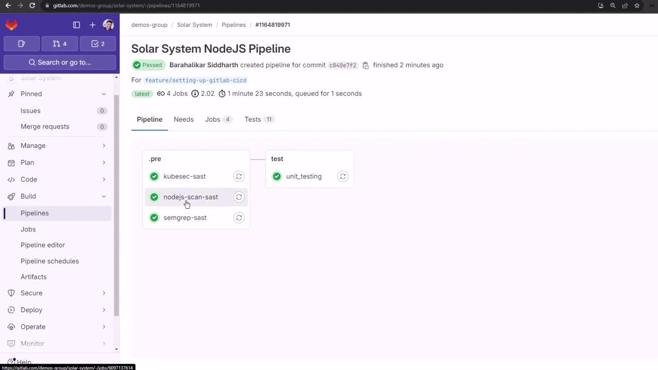The image shows a GitLab CI/CD pipeline interface for a project called "Solar System NodeJS Pipeline," displaying the status of various jobs and tests. The pipeline has passed, with jobs like "kubsec-sast," "nodejs-scan-sast," and "unit_testing" completed successfully.