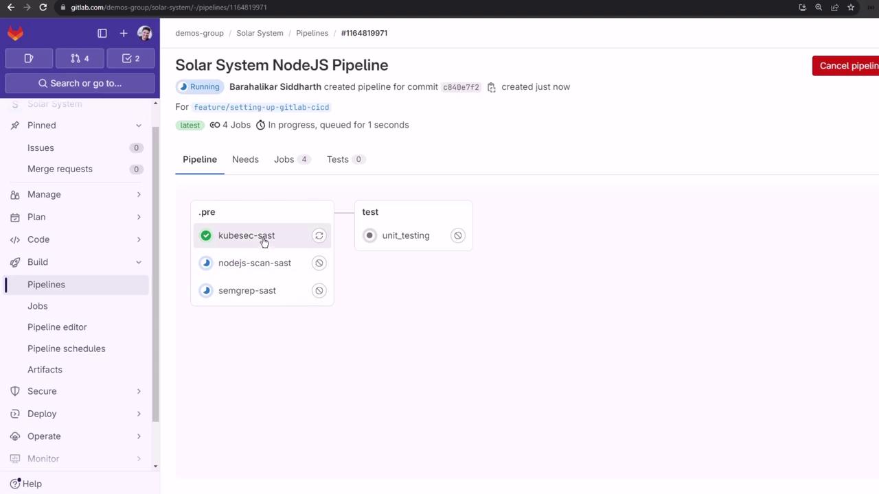 The image shows a GitLab CI/CD pipeline interface for a project named "Solar System NodeJS Pipeline," displaying the status of various jobs such as "kubesec-sast" and "unit_testing."