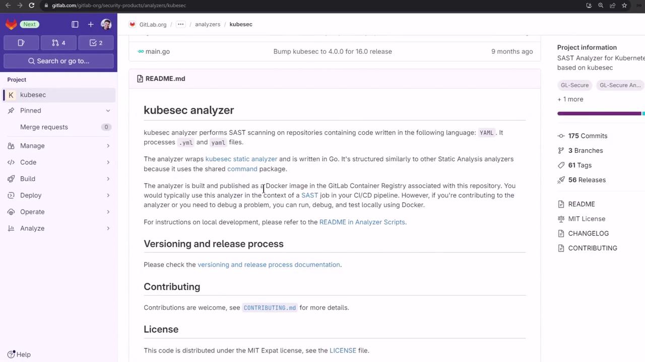The image shows a GitLab repository page for the "kubesec analyzer," which performs SAST scanning on YAML files. It includes project details, versioning, contributing guidelines, and license information.