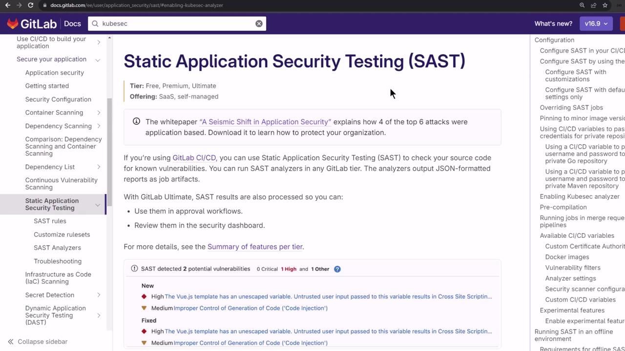The image shows a GitLab documentation page about Static Application Security Testing (SAST), detailing its features and usage within GitLab CI/CD for detecting vulnerabilities. The sidebar includes navigation links related to application security and configuration.