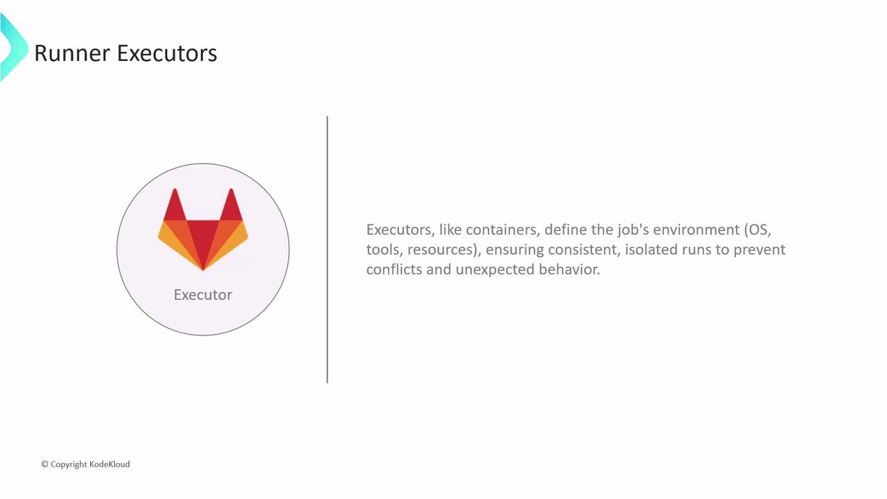 The image is a slide titled "Runner Executors" with a logo labeled "Executor" and a description explaining that executors define the job's environment to ensure consistent, isolated runs.