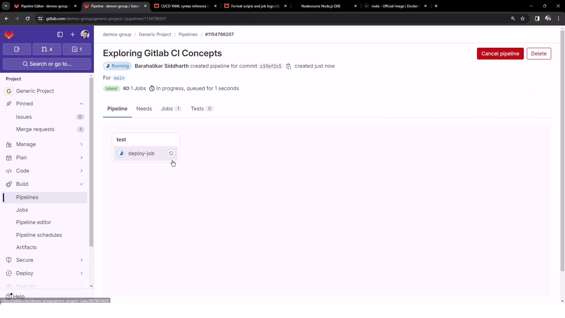 The image shows a GitLab CI/CD pipeline interface with a project titled "Exploring Gitlab CI Concepts." It displays a running pipeline with a "deploy-job" under the "test" stage.
