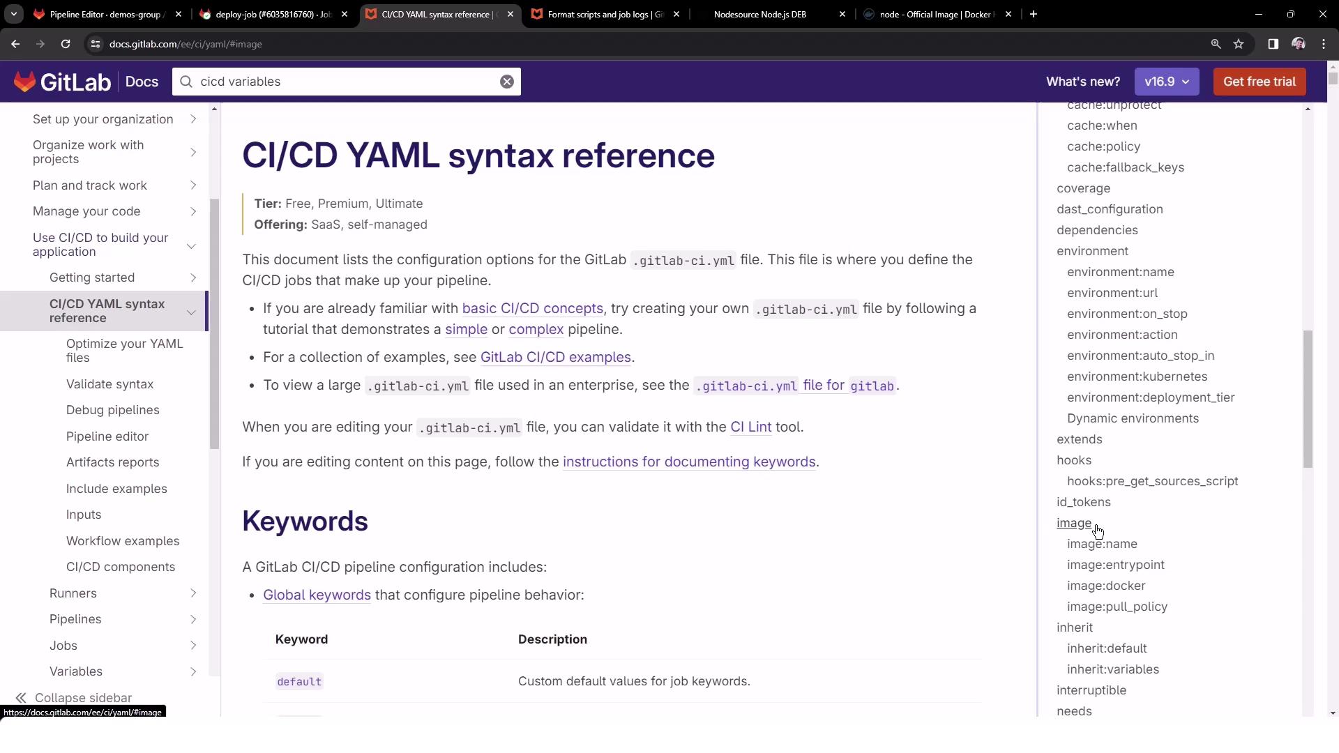 The image shows a GitLab documentation page for CI/CD YAML syntax reference, detailing configuration options and keywords for the `.gitlab-ci.yml` file.