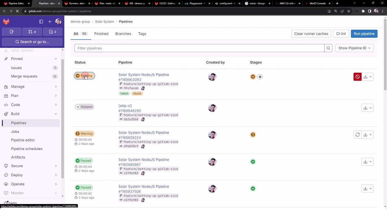 The image shows a GitLab CI/CD pipeline dashboard with various pipeline statuses such as "Pending," "Skipped," "Warning," and "Passed."