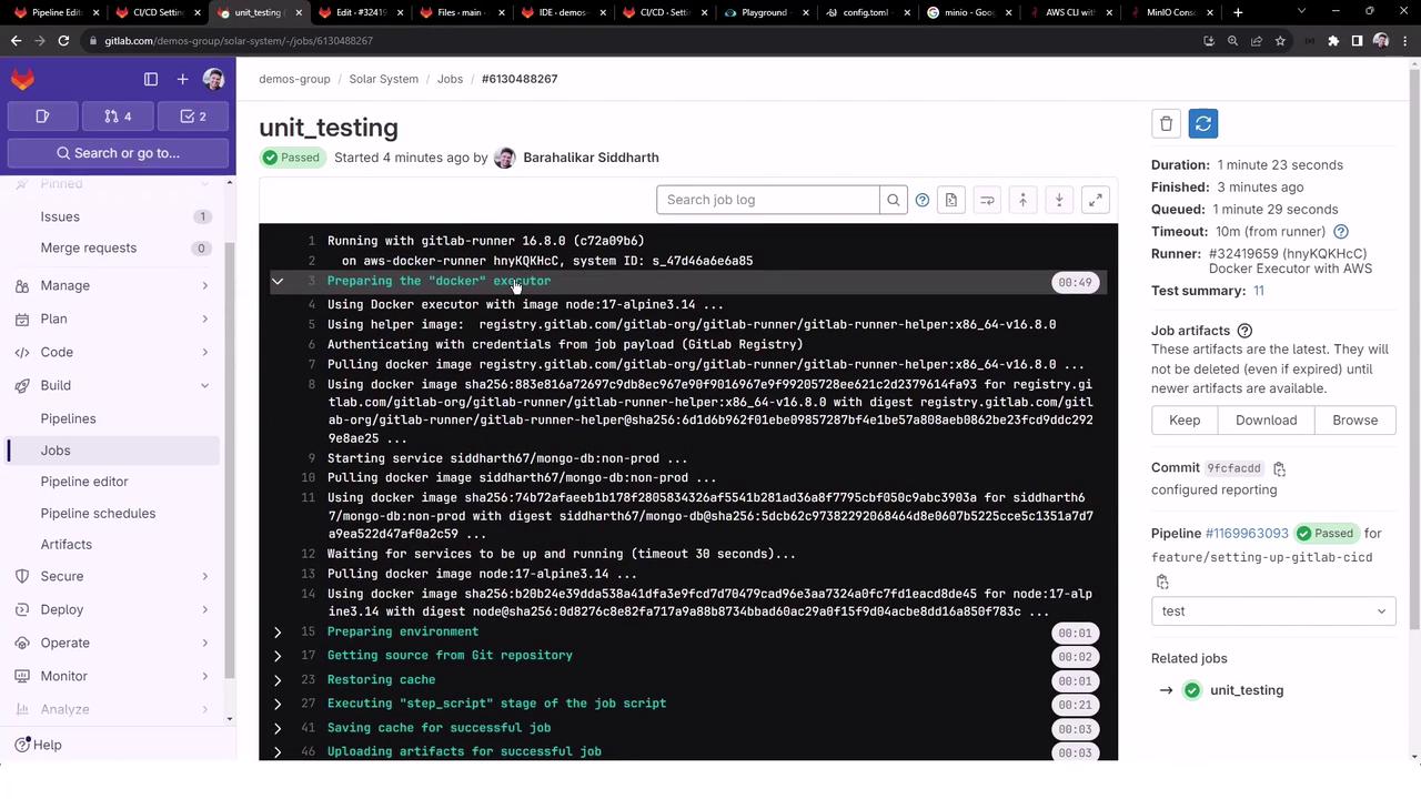 The image shows a GitLab CI/CD pipeline job interface, displaying the logs of a successful reporting job, including AWS CLI commands.