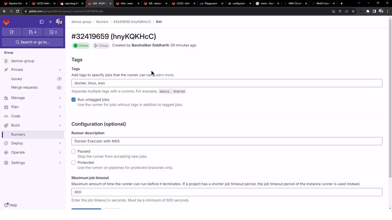 The image shows a GitLab interface for editing a runner configuration, including tags and optional settings like runner description and job timeout.