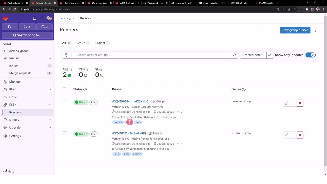 The image shows a GitLab interface displaying a list of runners, with details such as status, version, and tags like "docker" and "aws." There are two runners listed, both online and idle, with options to edit or remove them.