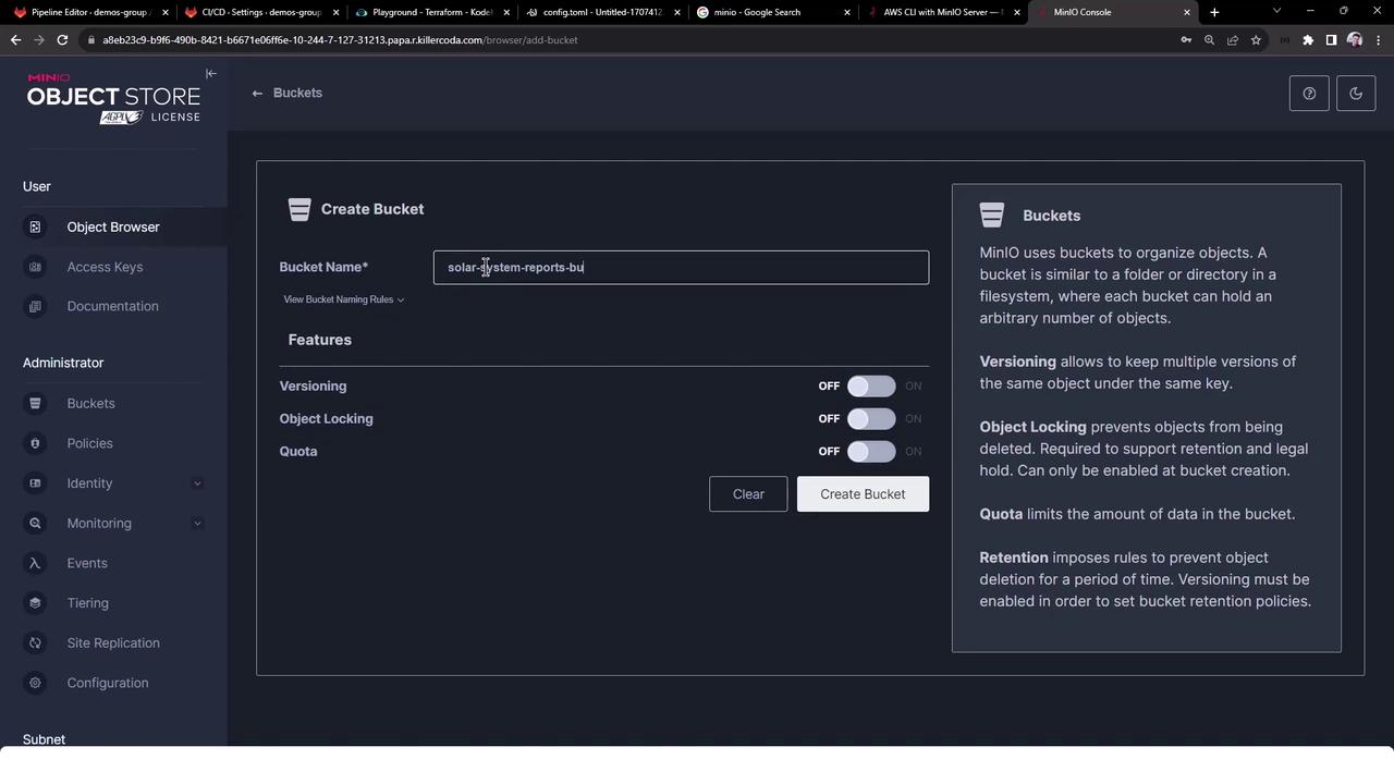 The image shows a MinIO Object Store interface where a user is creating a new bucket named "solar-system-reports-bu" with options for versioning, object locking, and quota.