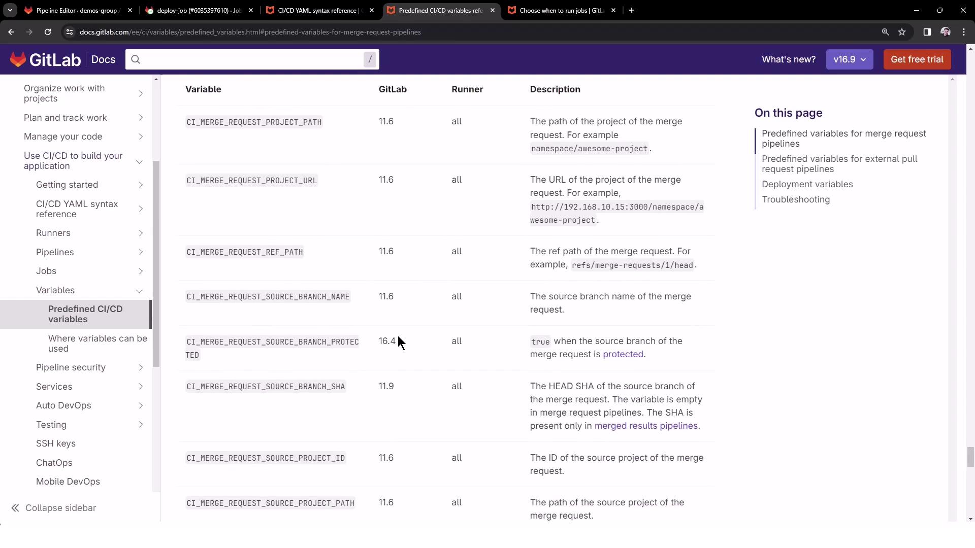 The image shows a GitLab documentation page listing predefined CI/CD variables for merge request pipelines, including their names, GitLab version, runner compatibility, and descriptions.