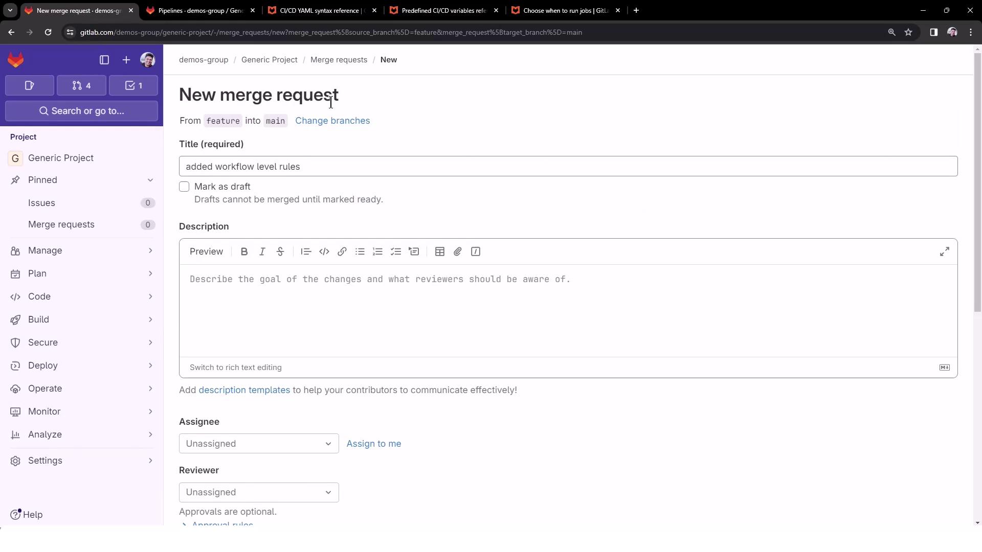 The image shows a GitLab interface for creating a new merge request, with fields for title, description, assignee, and reviewer.