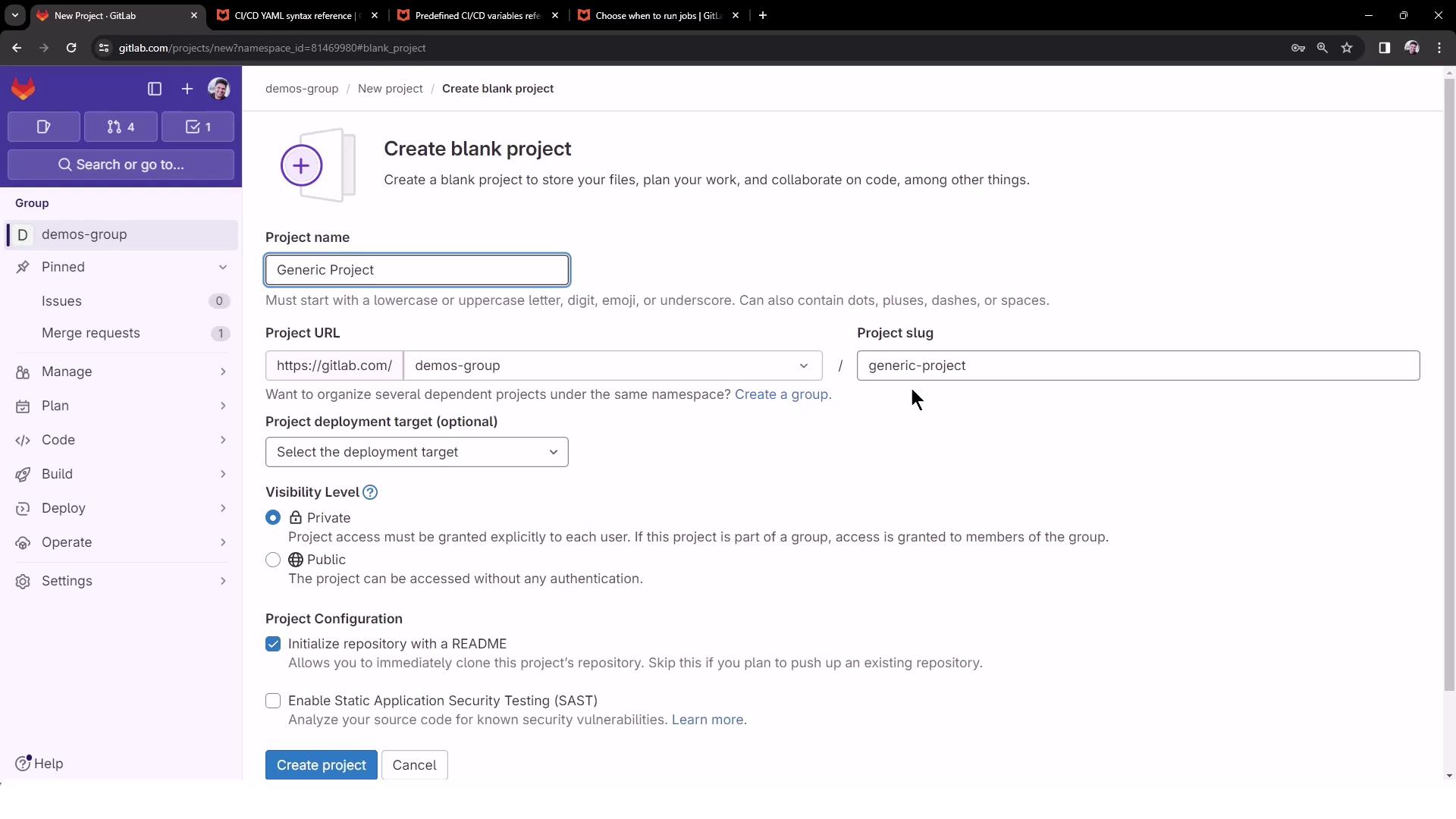 The image shows a GitLab interface for creating a new blank project, with fields for project name, URL, and visibility settings.