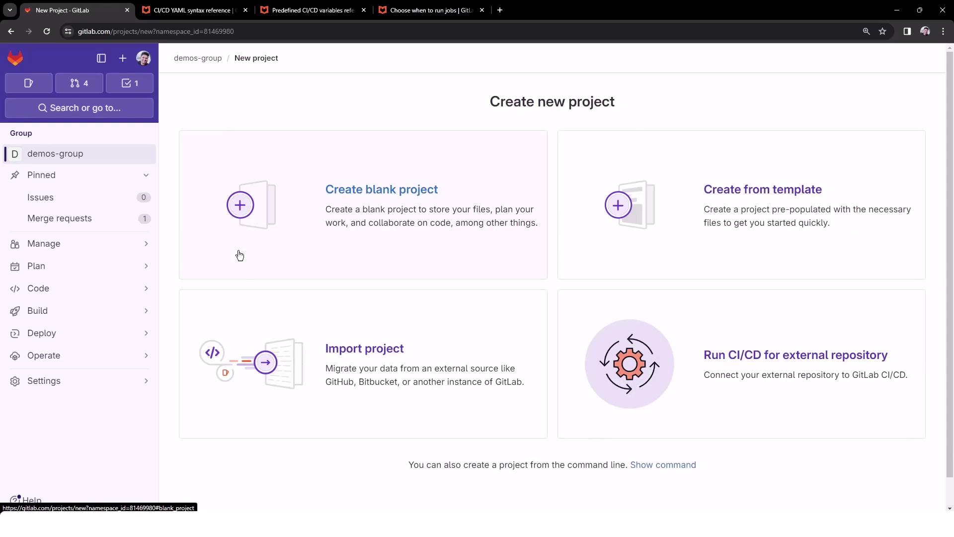 The image shows a GitLab interface for creating a new project, offering options to create a blank project, create from a template, import a project, or run CI/CD for an external repository.
