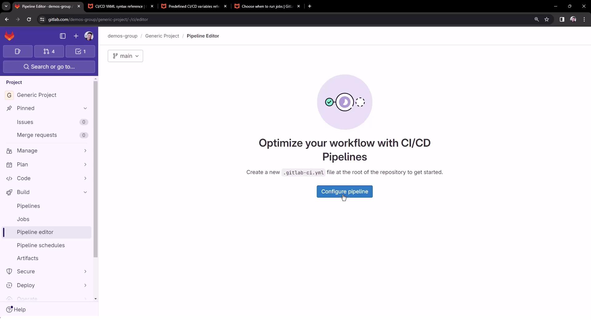 The image shows a GitLab Pipeline Editor interface with an option to configure a CI/CD pipeline by creating a `.gitlab-ci.yml` file. The sidebar includes project management options like issues, merge requests, and pipelines.