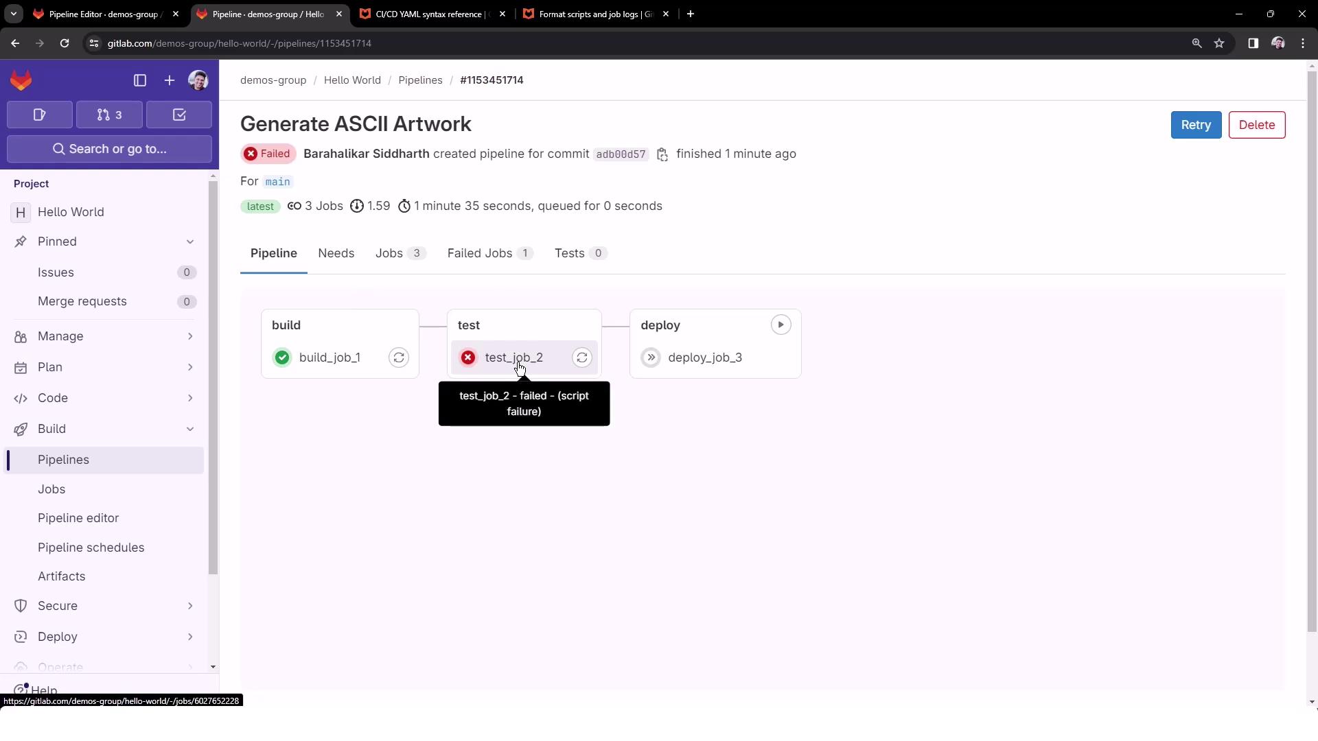 The image shows a GitLab pipeline interface with three stages: build, test, and deploy. The test stage has failed due to a script failure.