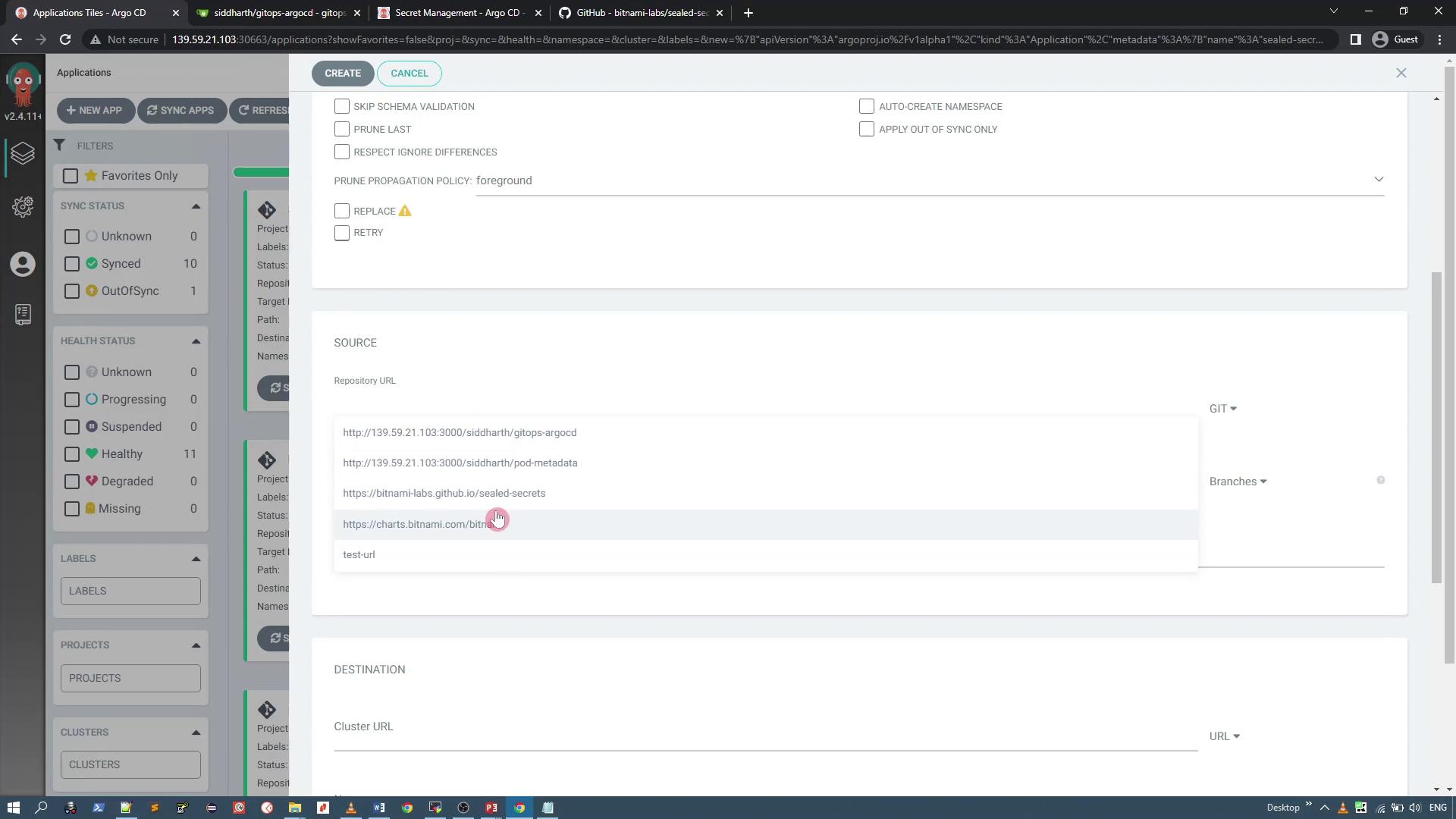 The image shows a user interface of Argo CD, displaying a configuration screen for creating or managing applications, with options for source repository URLs and other settings.