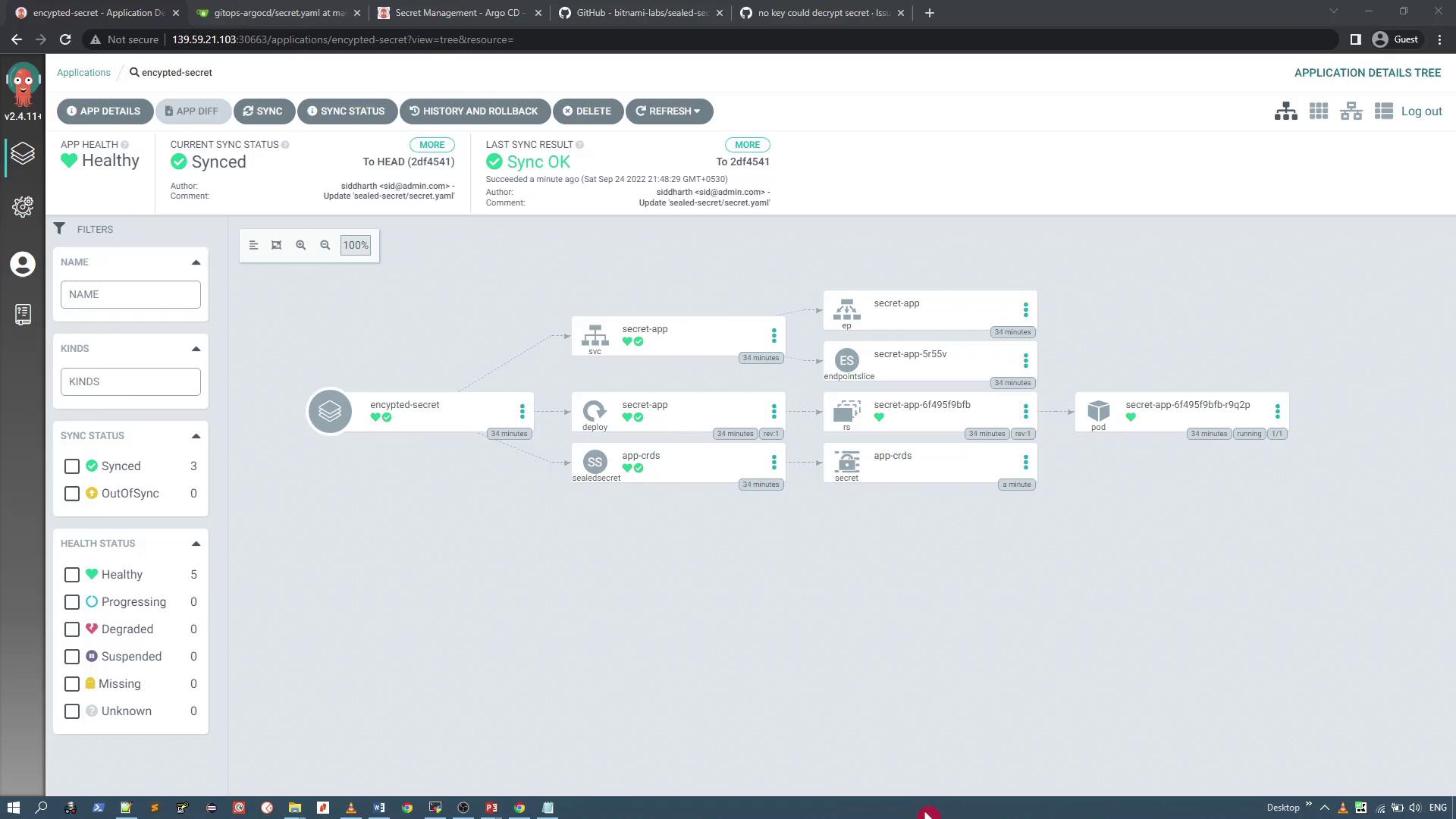The image shows a dashboard from Argo CD, displaying the application details and sync status of a project named "encrypted-secret." It includes a visual representation of the application's components and their health status.