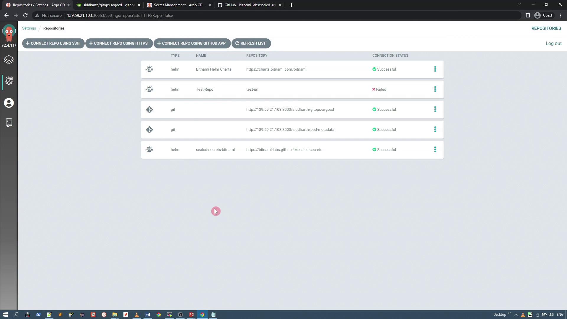 The image shows the Argo CD interface displaying a list of repositories with their connection statuses, where most are successful except one that has failed.