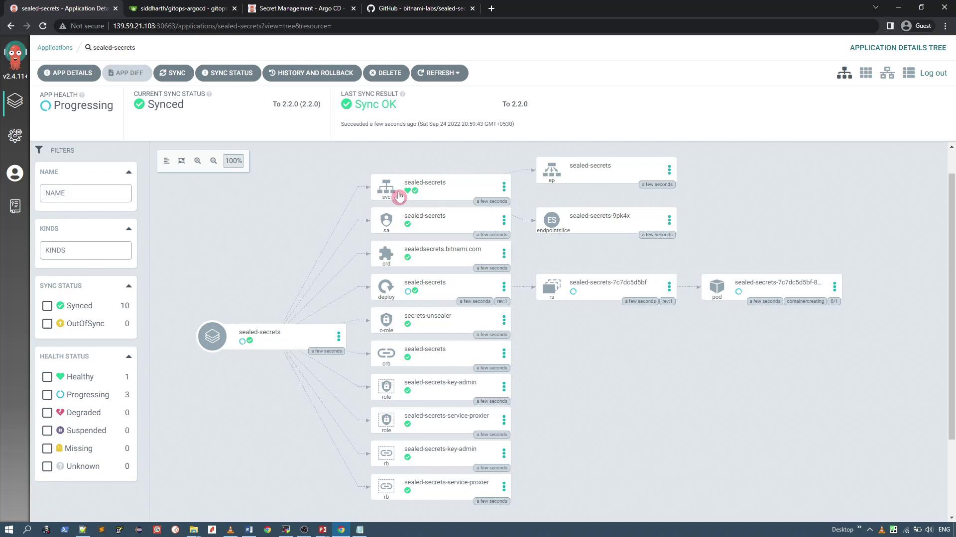 The image shows a dashboard from Argo CD, displaying the application details tree for "sealed-secrets," with various components and their sync statuses. The application is currently progressing and synced to version 2.2.0.
