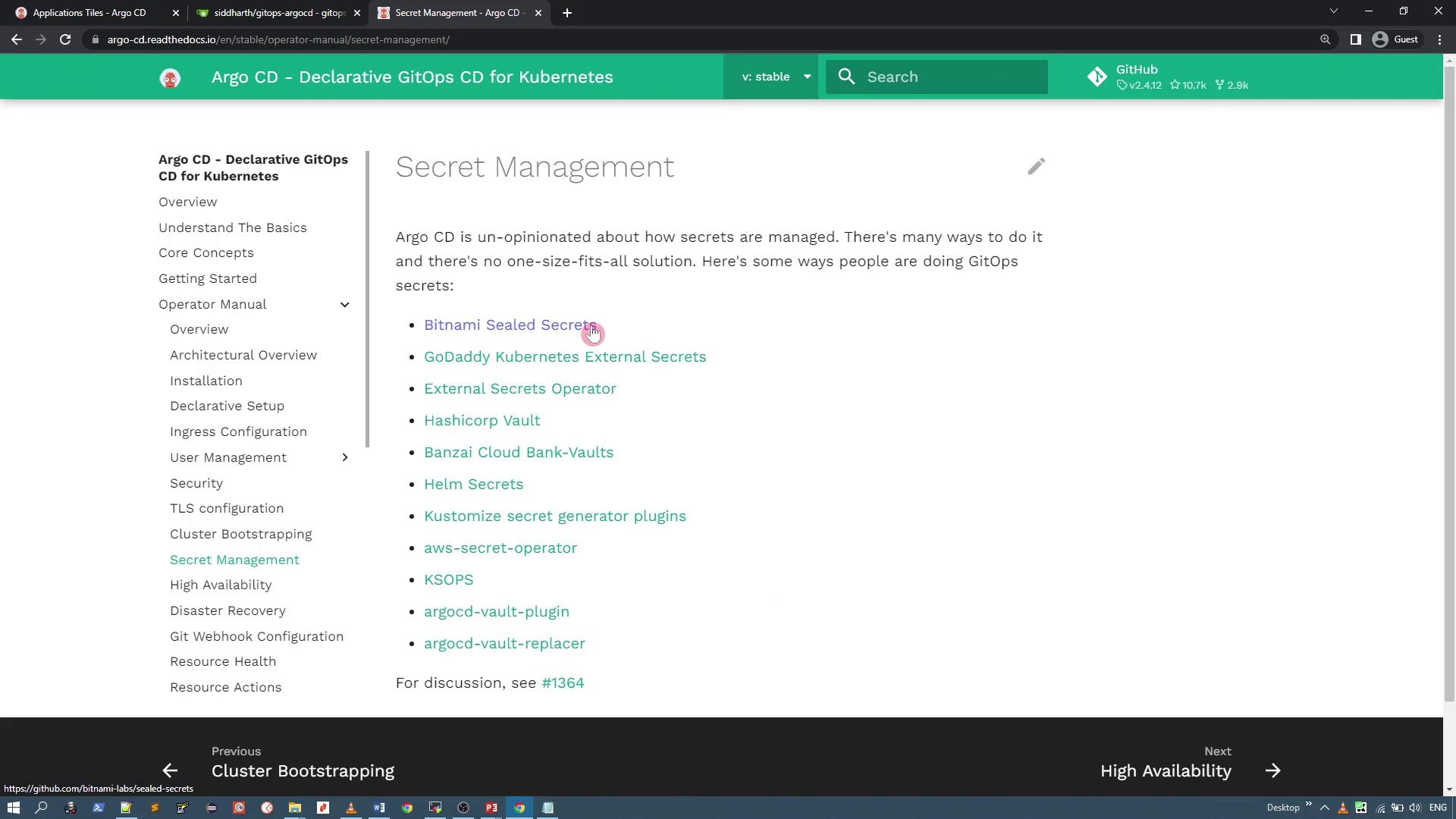The image shows a webpage from the Argo CD documentation, specifically the "Secret Management" section, listing various methods for managing secrets in GitOps for Kubernetes.