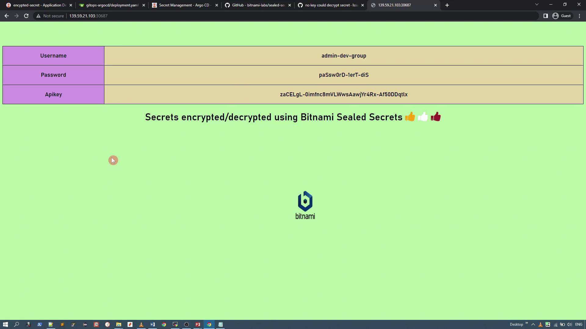 The image shows a webpage displaying encrypted secrets using Bitnami Sealed Secrets, with fields for a username, password, and API key. The background is light green, and there is a Bitnami logo at the bottom.