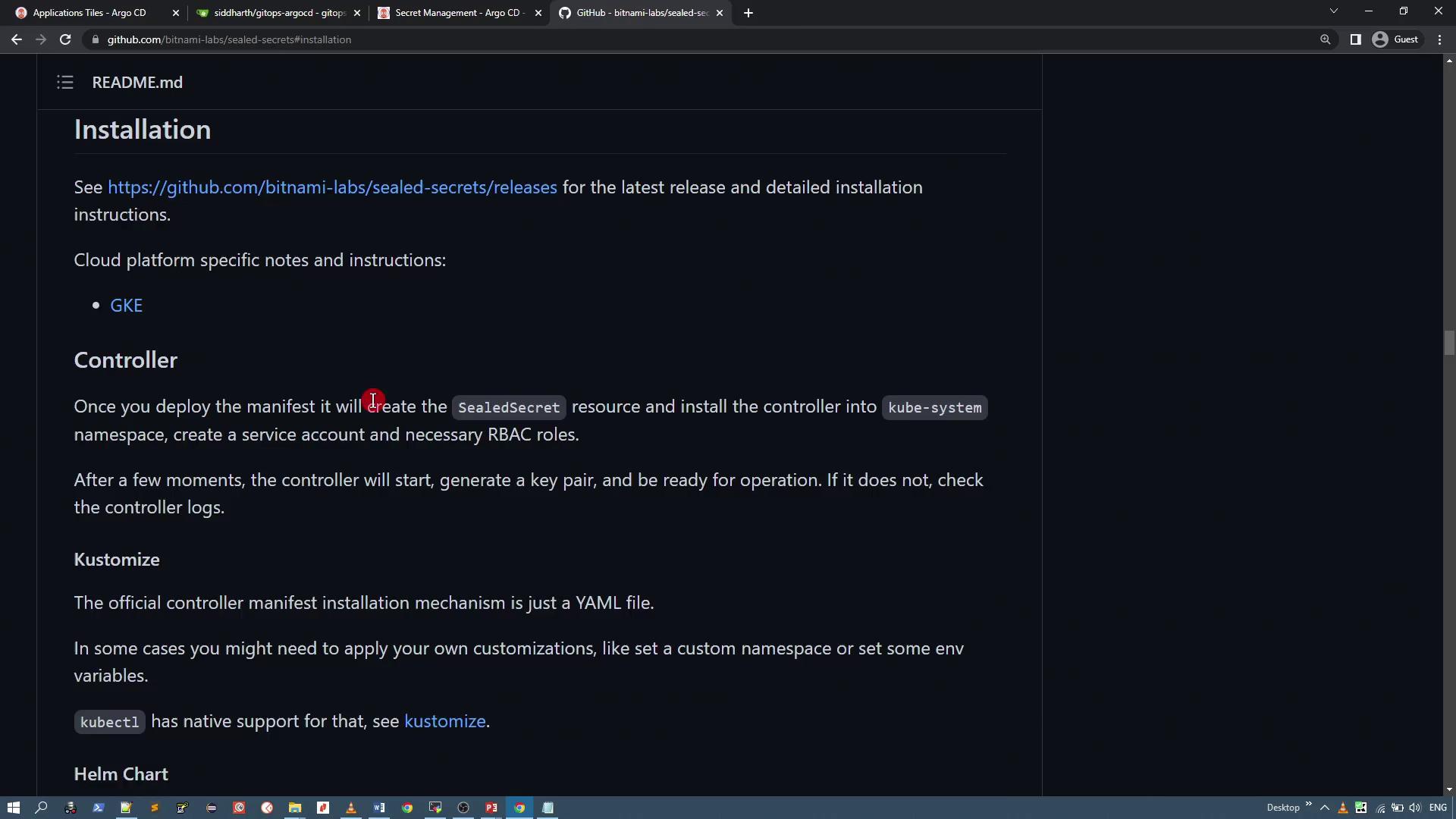 The image shows a GitHub README file with installation instructions for a project related to "sealed-secrets," including details about deploying a manifest and using a controller.
