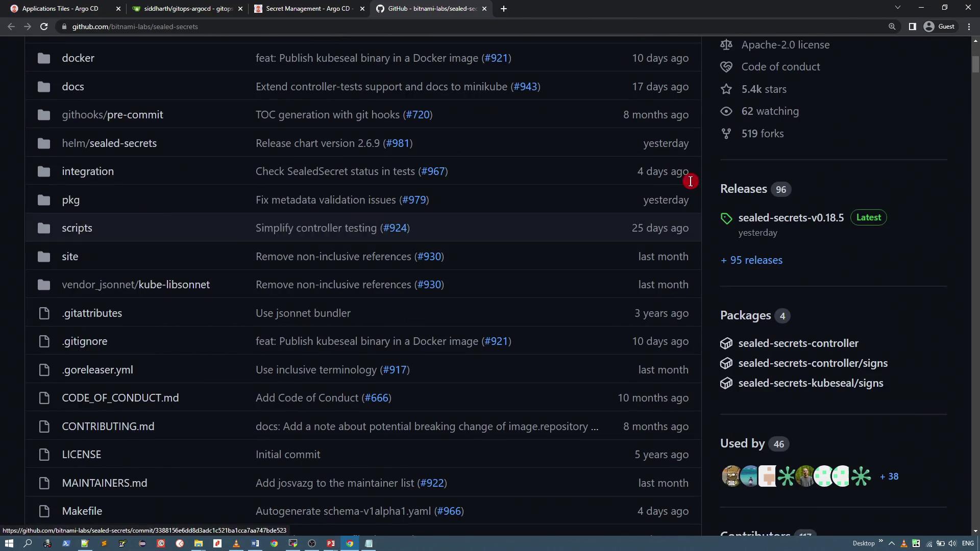 The image shows a GitHub repository page for "sealed-secrets" by bitnami-labs, displaying folders, files, recent commits, and repository statistics.