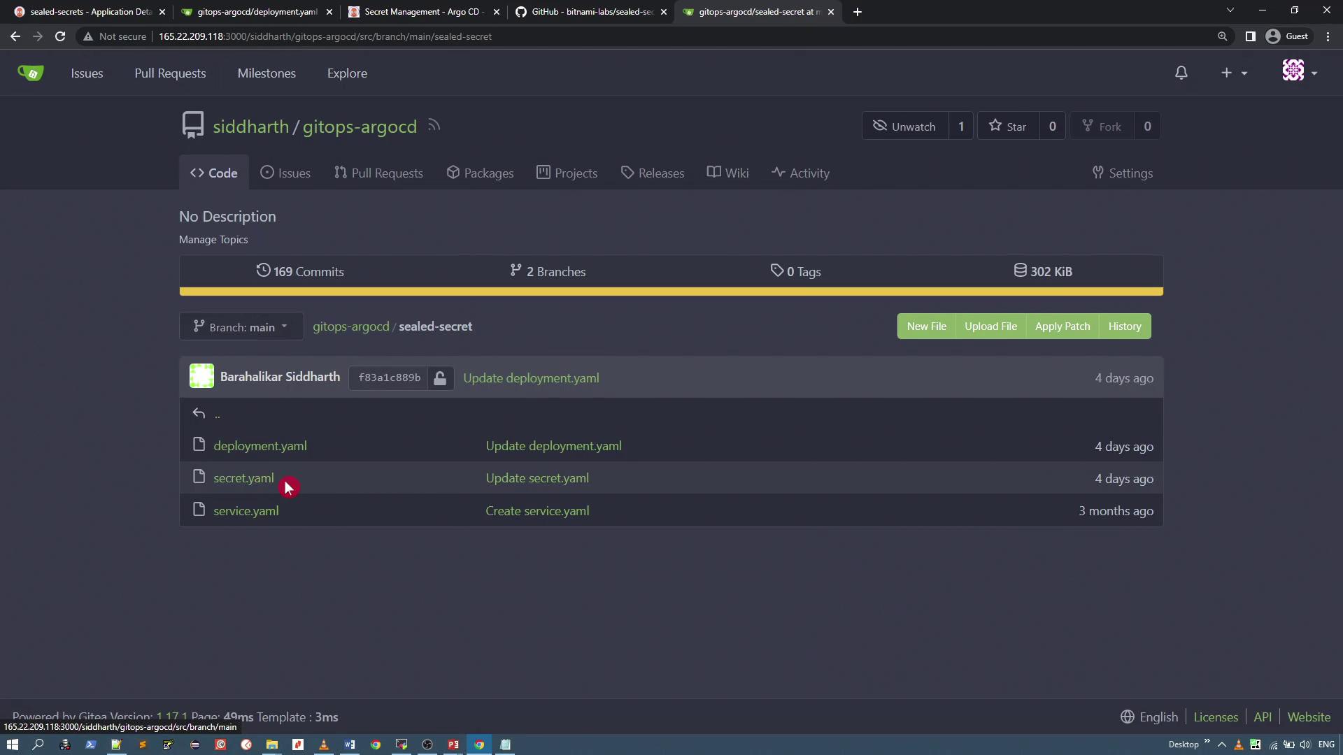The image shows a repository interface on a code hosting platform, displaying files like `deployment.yaml`, `secret.yaml`, and `service.yaml` with recent updates.