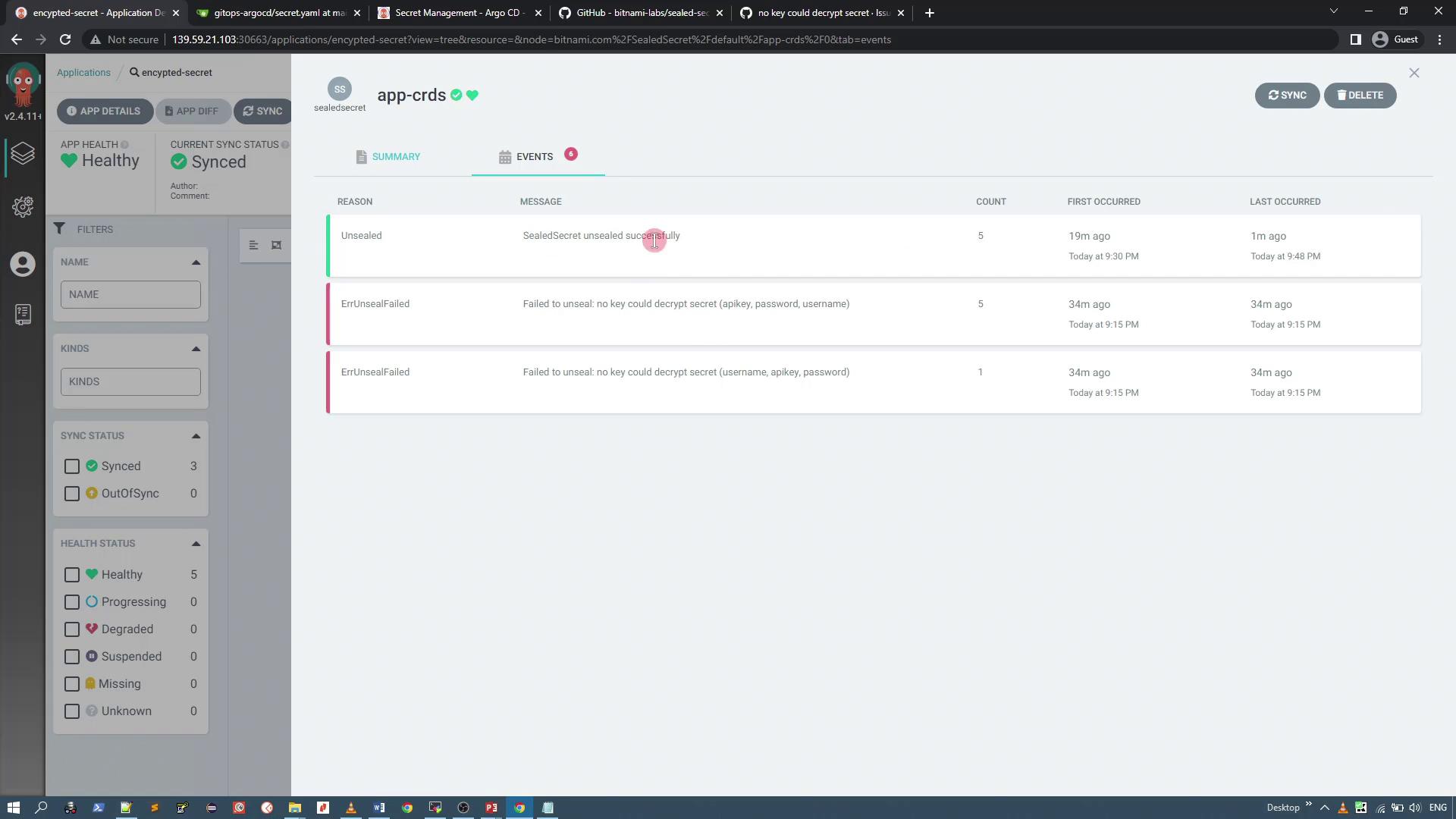 The image shows a dashboard interface of a secret management application, displaying events related to the sealing and unsealing of secrets, with some errors noted.