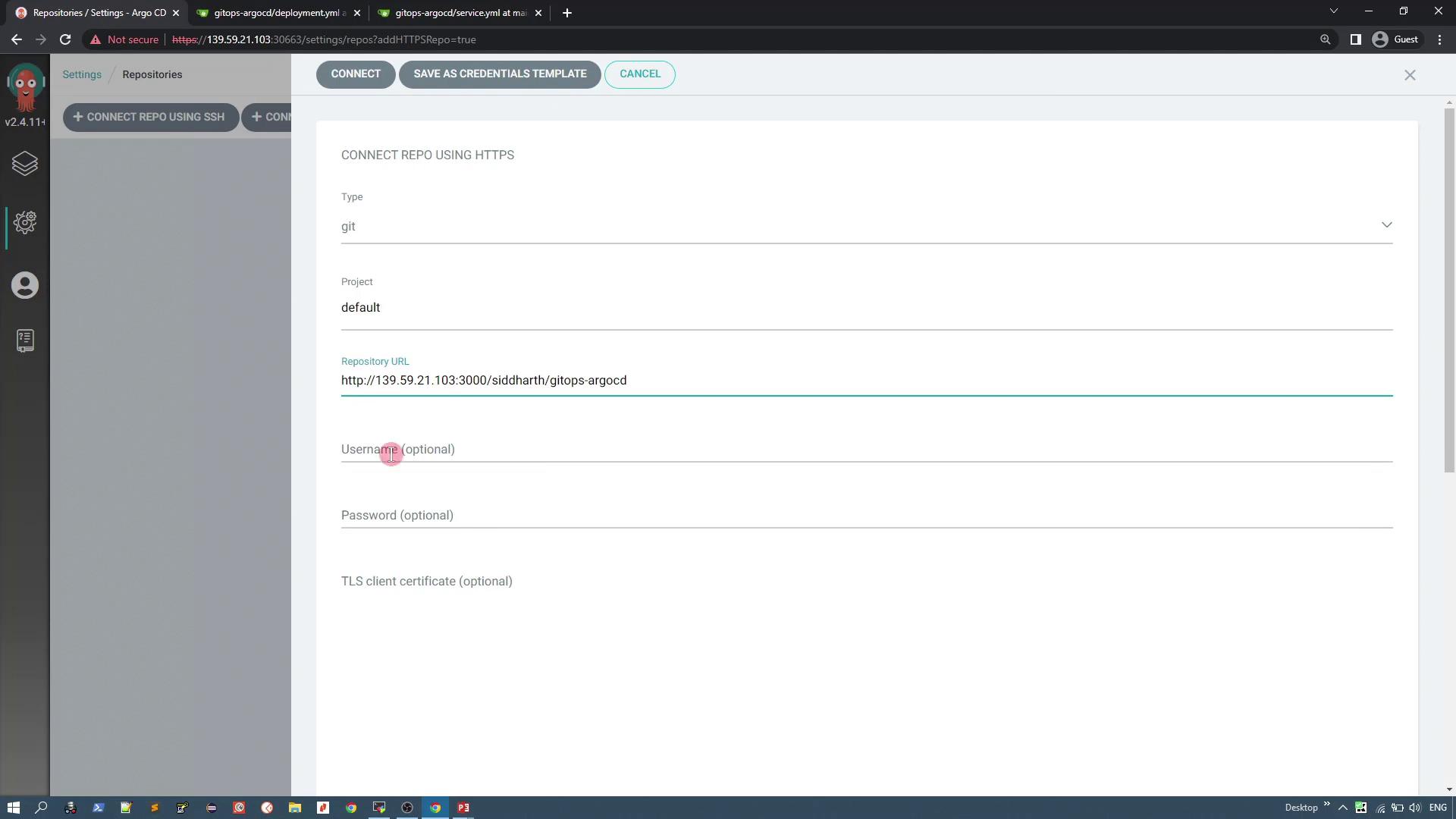 The image shows a web interface for connecting a Git repository using HTTPS in Argo CD, with fields for repository URL, username, and password.