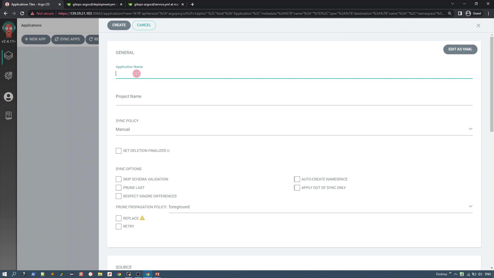 The image shows a web interface for creating a new application in Argo CD, with fields for application name, project name, and various sync policy options.