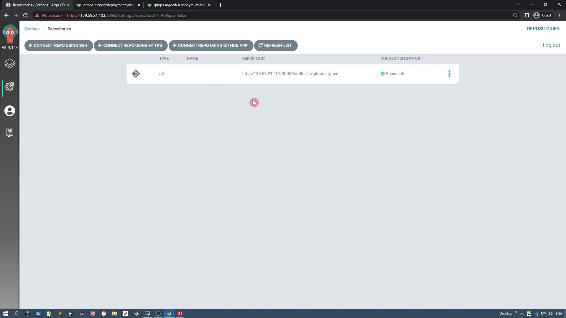 The image shows the Argo CD interface with a repository connection status marked as "Successful." There are options to connect repositories using SSH, HTTPS, or GitHub App.