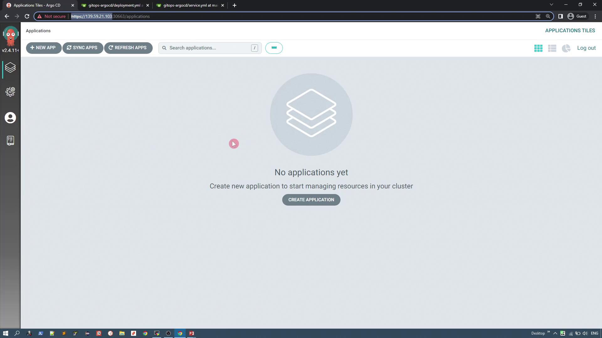 The image shows a web interface for Argo CD with no applications currently listed. It prompts the user to create a new application to manage resources in a cluster.