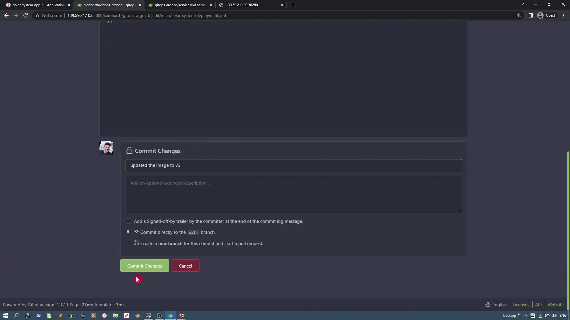 The image shows a code repository interface where a user is committing changes with the message "updated the image to v6" on the main branch.