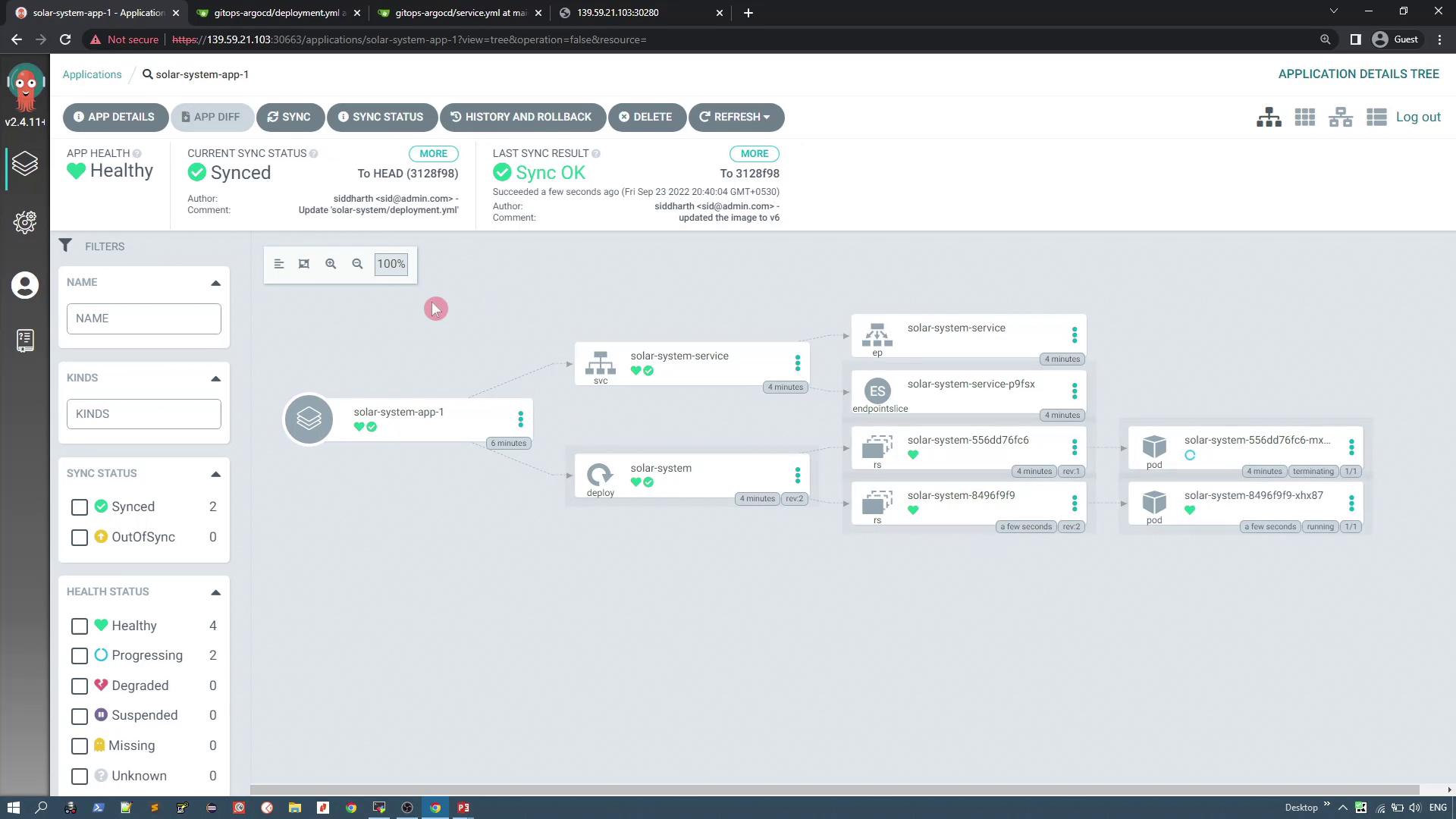 The image shows a dashboard interface for managing applications, displaying the health and sync status of a "solar-system-app-1" with a visual representation of its components and their statuses.