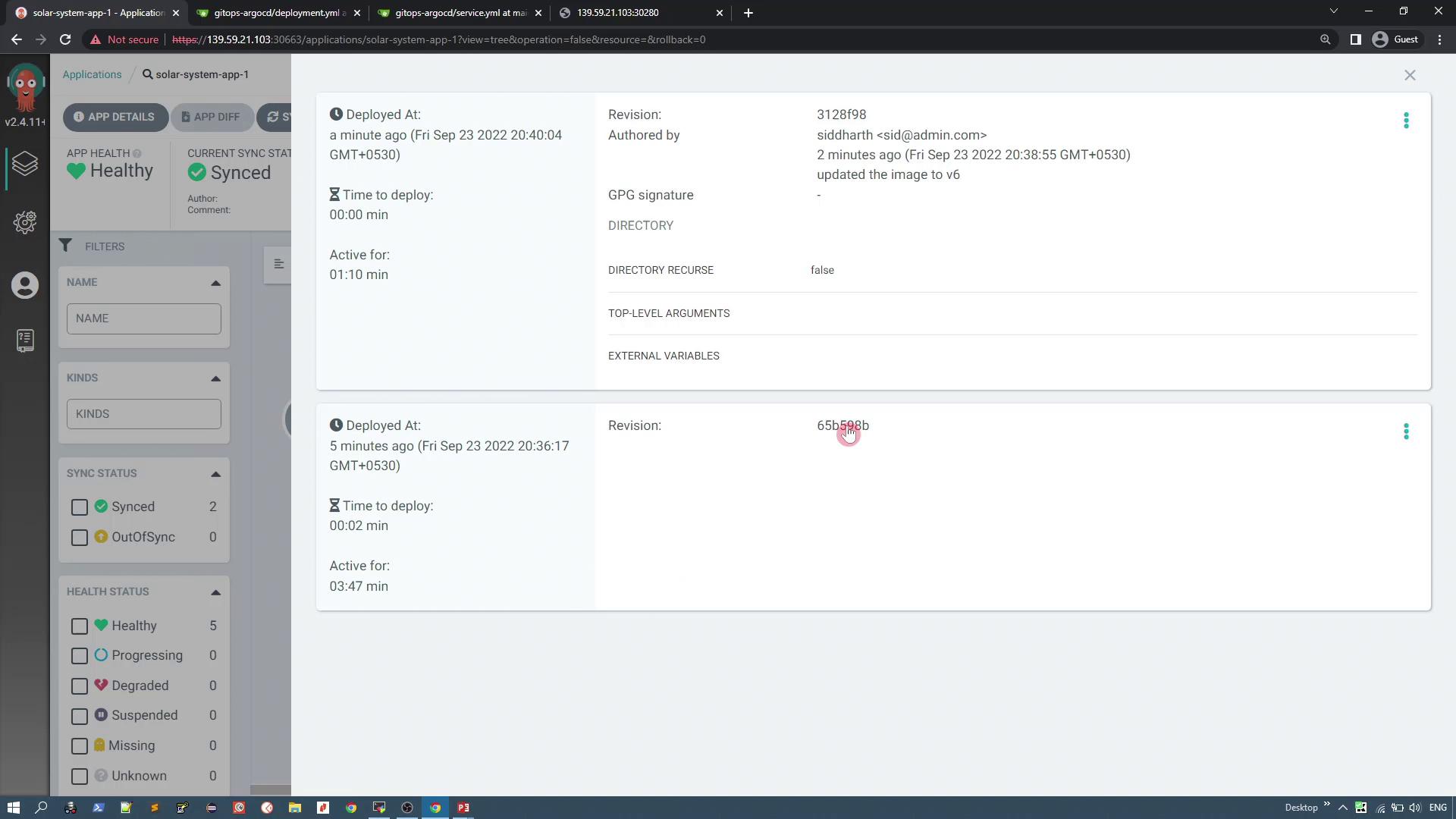 The image shows a dashboard interface of a deployment application, displaying details about deployment times, revisions, and sync status. The app health is marked as "Healthy" and the current sync status is "Synced."