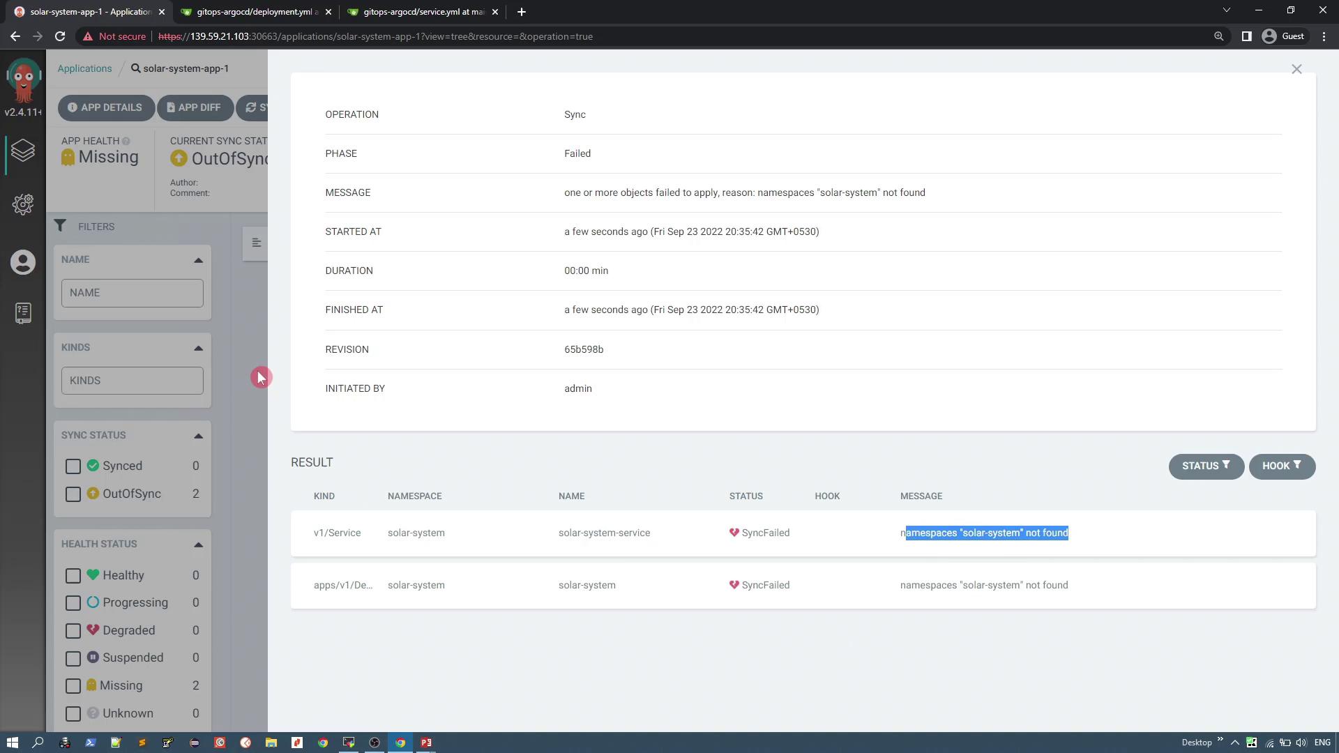 The image shows a dashboard interface indicating a failed sync operation due to a missing "solar-system" namespace. It lists details such as the operation status, message, and result.