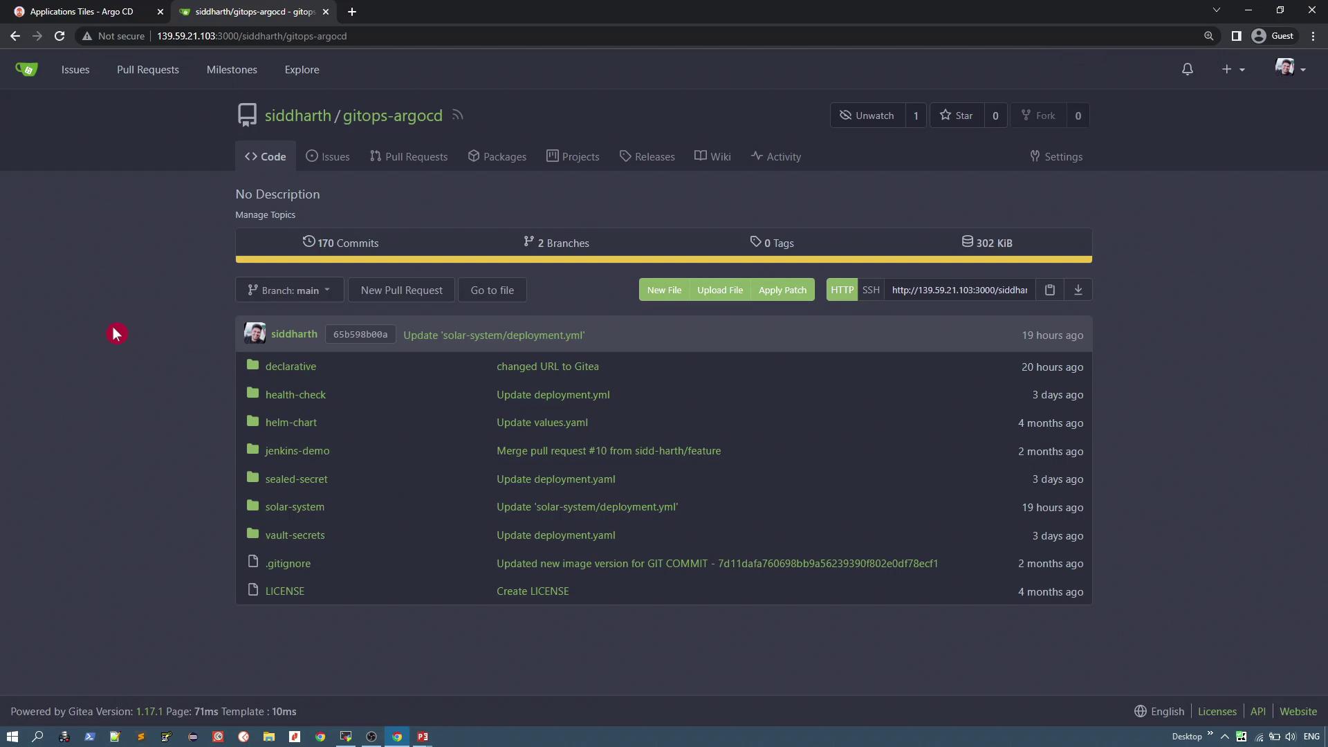 The image shows a Gitea repository interface with a list of folders and recent commit messages. The repository is named "gitops-argocd" and has 170 commits.