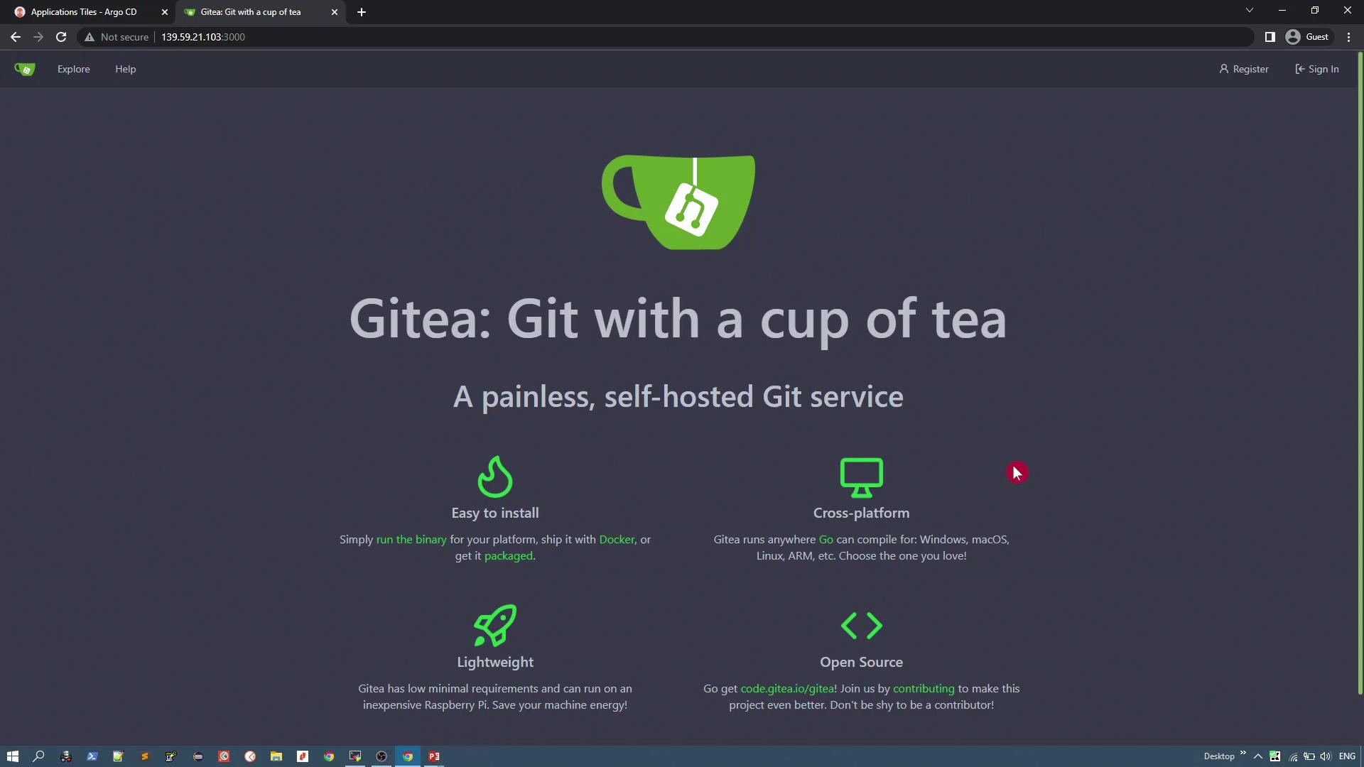 The image is a webpage for Gitea, a self-hosted Git service, highlighting its features such as being easy to install, cross-platform, lightweight, and open source.